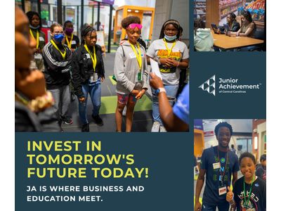 Three photos, one of a group of students in JA BizTown wearing yellow lanyards, one photo of a volunteer and student smiling with thumbs up and one photo of two students using iPads in JA Finance Park.

Text: Invest in tomorrow's future today! JA is where business and education meet.